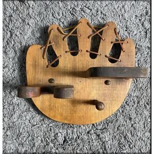 Vintage Wooden Baseball Glove Holder Bat, Ball, & Hat, Wall Hanging Mit
